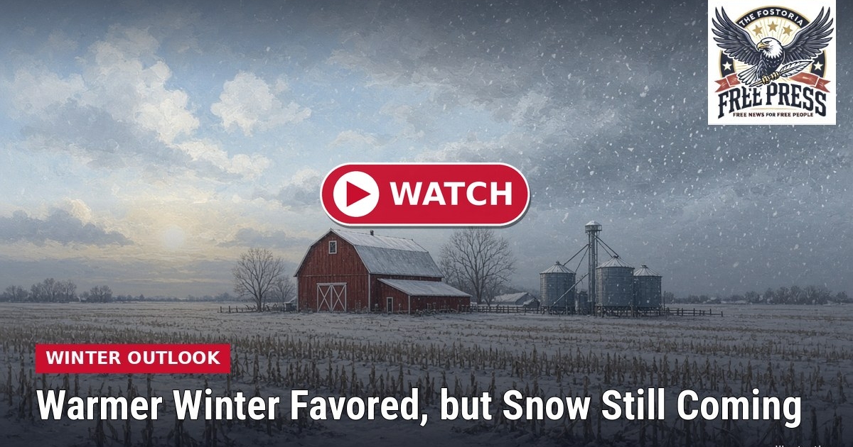 Fostoria News Fostoria winter landscape with snow-covered barn and silos under cloudy sky.